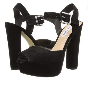 Black suede open toe platform heel